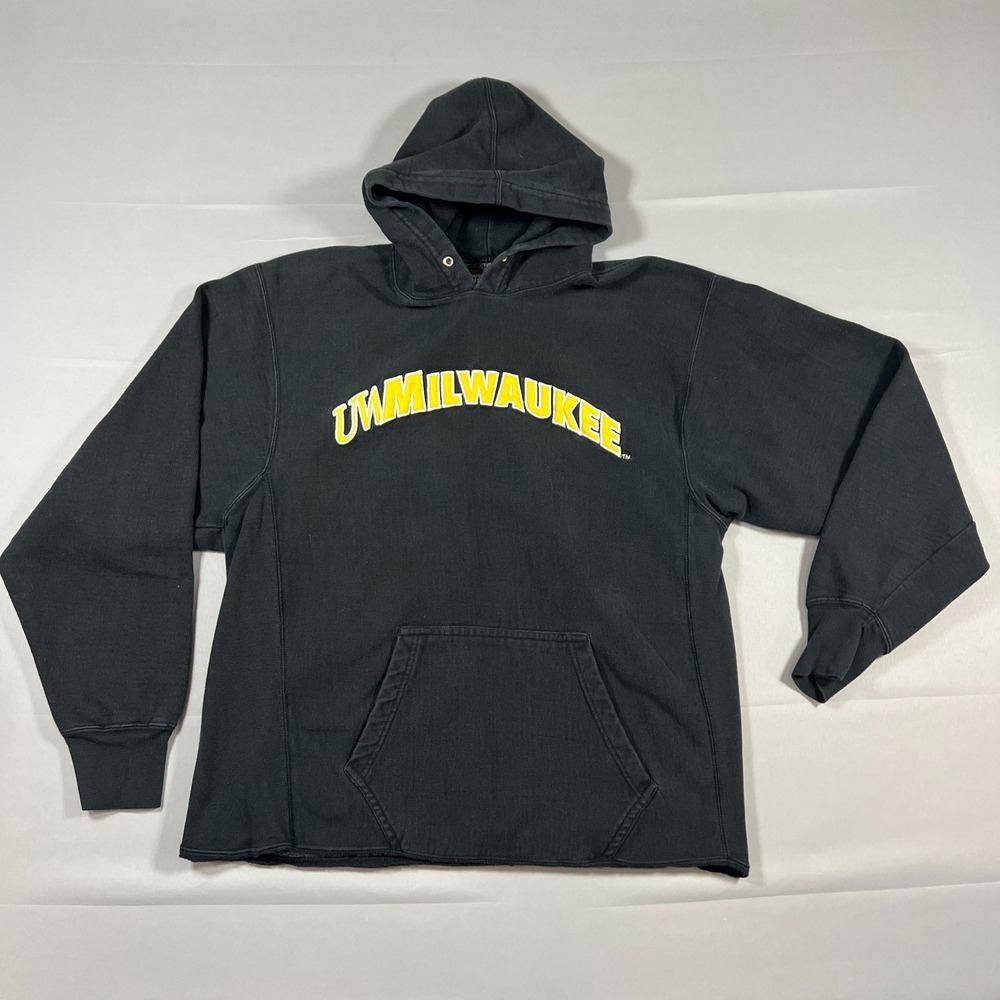 Vintage Steve & Barry's Hoodie Mens L Black Fleece Lined Uw Milwaukee Embossed